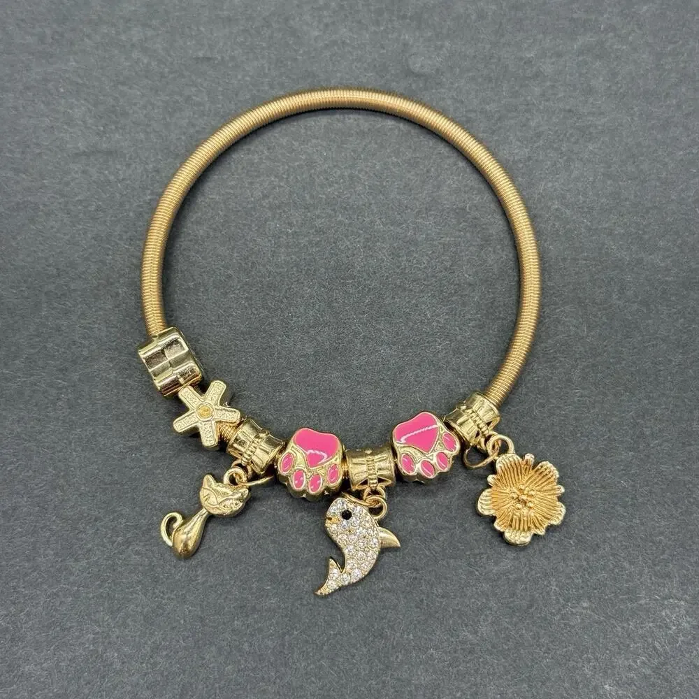 Gold Tone Watch Charm Bracelet Set 3 Pc Rhinestone Pink Dial Pear Cut Crystal